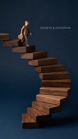 Businessman climbing wooden staircase steps carrying briefcase against dark blue background, symbolizing career progression, success and professional advancement.