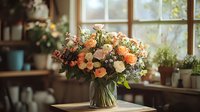 Elegant floral arrangement with peach and cream roses in glass vase on wooden table near window, natural daylight illuminates fresh spring bouquet with greenery.