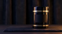 Luxury cosmetic jar with golden cap on dark wooden surface against black background for premium skincare and beauty product packaging design.