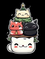 Cute kawaii cats stacked as Christmas tree ornaments with festive decorations on black background, isolated design for holiday merchandise and stickers.