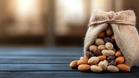 Mixed nuts spilling from rustic burlap sack onto dark wooden table with soft background lighting, raw almonds and cashews creating natural food composition.
