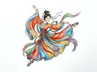 Graceful Asian woman in flowing traditional costume with vibrant rainbow colors, dancing with dynamic movement and swirling fabrics, isolated on white background for design use.