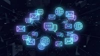 Digital communication network with glowing email and messaging icons floating in cyberspace representing modern connectivity and data exchange technology.