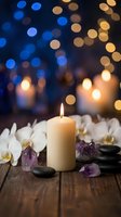 Spa wellness scene with burning candle, white orchids, amethyst crystals and black stones on wooden surface with warm bokeh lights background for relaxation.