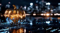 Glowing golden pumpkin on futuristic digital surface with neon blue light trails and bokeh reflections against dark cityscape background. Halloween meets cyberpunk aesthetic.