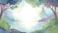 Enchanted fairy tale landscape with magical castle across serene lake, framed by ancient trees in soft pastel colors for fantasy storytelling.