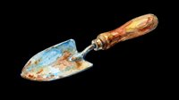 Garden trowel with rusty metal blade and wooden handle, watercolor style, isolated on transparent background, ready for stickers, clipart, and print on demand.