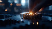 Glowing electronic processor chip with smoke and light effects on dark background, dramatic lighting and bokeh reflections create futuristic atmosphere.