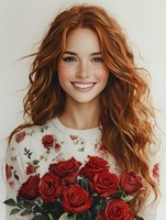 Young redhead woman with freckles and natural wavy hair smiling while holding bouquet of red roses. White floral print dress creates romantic spring mood.