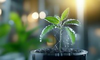 Young cannabis seedling with water droplets and spider web in morning light against blurred background, growing in black pot. Fresh green leaves show healthy growth.