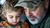 Elderly man with gray beard and cap sharing tender moment with curly-haired toddler in orange striped shirt, depicting family bonding and intergenerational connection.