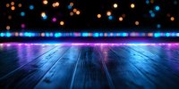 Glowing neon lights reflect on wooden floor surface with blurred bokeh background creating futuristic atmosphere for party or entertainment space design.