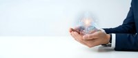 Businessman hands holding smartphone with glowing digital pyramid hologram displaying data analytics and futuristic technology interface on white background.