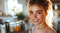 Young blonde woman smiling warmly in modern kitchen with soft natural lighting, casual lifestyle portrait for cooking and home content.
