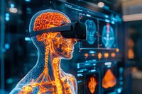 Virtual reality headset on digital human brain model with glowing neural network visualization against medical screens showing brain scans.