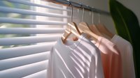 Minimalist wardrobe with pastel clothing on wooden hangers near window with venetian blinds creating natural light and shadow patterns in modern interior.