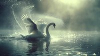 Majestic swan spreading wings on misty lake at dawn, creating ethereal water splashes and ripples in mystical atmospheric lighting. Dreamy nature scene.