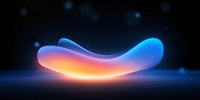 Glowing abstract curved shape with blue and orange gradient floating in dark space, illuminated from within against black background with light particles.