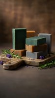 Handmade natural soap bars with lavender herbs on wooden cutting board for organic skincare and spa treatments.