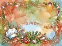 Vintage culinary frame with chef hat, fresh vegetables and ornate gold border on watercolor background, suitable for recipe cards, menus, cooking blogs and kitchen decor designs.