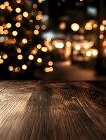 Empty wooden table with blurred golden bokeh lights background creates magical holiday atmosphere for product display and festive designs.