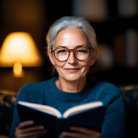 Mature Caucasian woman with silver hair and glasses reading book in cozy evening atmosphere. Wearing blue sweater, warm lighting creates intimate mood. Suitable for lifestyle blogs.
