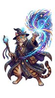Tabby cat wizard casting magical spell with glowing purple and blue energy, wearing pointed hat and mystical robes, isolated on white background for design use.