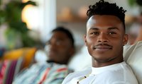 Young African American man relaxing on couch with gentle smile, wearing white t-shirt, while another person rests in background. Soft natural lighting creates warm atmosphere.