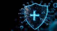 Medical shield with glowing cross protecting against virus particles in dark blue digital style, health protection concept visualization on black background.