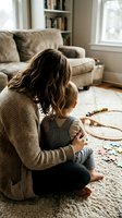 Mother embracing young child in cozy living room with toys scattered on floor. Warm family bonding moment at home with natural lighting and comfortable interior.