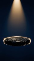 Dark floating stone podium with golden glowing edges under warm spotlight on deep blue background, luxury product display platform.