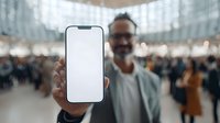 Smiling mature man showing blank smartphone screen in crowded public space with glass architecture and blurred people in background.