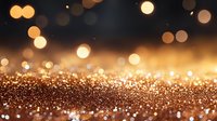 Golden glitter scattered on dark background with magical bokeh lights and sparkles creating festive atmosphere for holiday designs and celebrations.