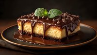 Decadent chocolate cheesecake bars with dark chocolate ganache topping, chocolate chips and fresh mint leaves served on brown ceramic plate in moody lighting.