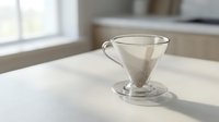 Glass pour-over coffee dripper with filter on white table in bright minimalist kitchen, soft natural light, clean modern home brewing setup.