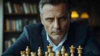 Confident mature Caucasian businessman in dark suit sitting at chess board with golden pieces, focused strategic expression against blurred library background.