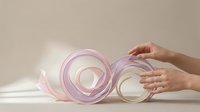 Female hands reaching toward translucent pink and white spiral glass sculptures on neutral background creating modern artistic composition.