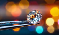 Brilliant diamond on tweezers against colorful bokeh background, showcasing luxury jewelry craftsmanship with sparkling facets and light reflections.