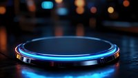 Futuristic glowing platform with blue neon light ring on dark background, abstract technological display stand for product showcase presentation.