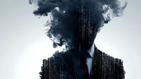 Mysterious silhouette of businessman in suit with digital matrix code overlay and dark smoke effect replacing head, representing digital transformation and AI concept.