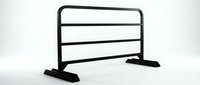 Black metal safety barrier with horizontal rails and sturdy base, suitable for crowd control, event management, construction sites, and venue organization.