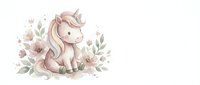 Cute pink unicorn with golden horn sitting among watercolor flowers and leaves on white background for nursery decor and children's design projects.
