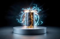 Energy drink can surrounded by dynamic blue and orange lightning bolts on silver podium against dark background, showcasing power and vitality.