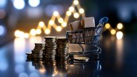 Shopping cart with stacked coins against blurred bokeh lights background, representing retail business, consumer spending and financial growth in commerce.