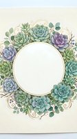 Watercolor succulent wreath frame with gold accents and decorative swirls on cream background for wedding invitations and botanical design projects.