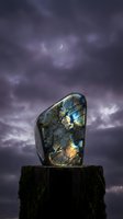 Polished labradorite gemstone with blue and gold flashes on moss-covered wooden post under dramatic purple storm clouds with crescent moon for mystical decor.