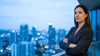 Confident businesswoman with crossed arms standing on office balcony overlooking illuminated city skyline at dusk for corporate leadership concepts.