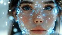 Young woman with glowing blue digital pattern overlay on face against dark background with bokeh lights, representing artificial intelligence and facial recognition technology.