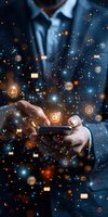 Businessman using smartphone with glowing digital icons and particles floating in dark atmosphere, representing mobile technology and digital transformation.
