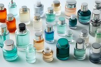 Collection of luxury fragrance bottles in various colors from amber to turquoise arranged on light background, showing elegant design and premium packaging.